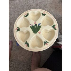 Vintage 1990 Clay Design Heart Muffin Pan with Painted Iris Floral Design 10"